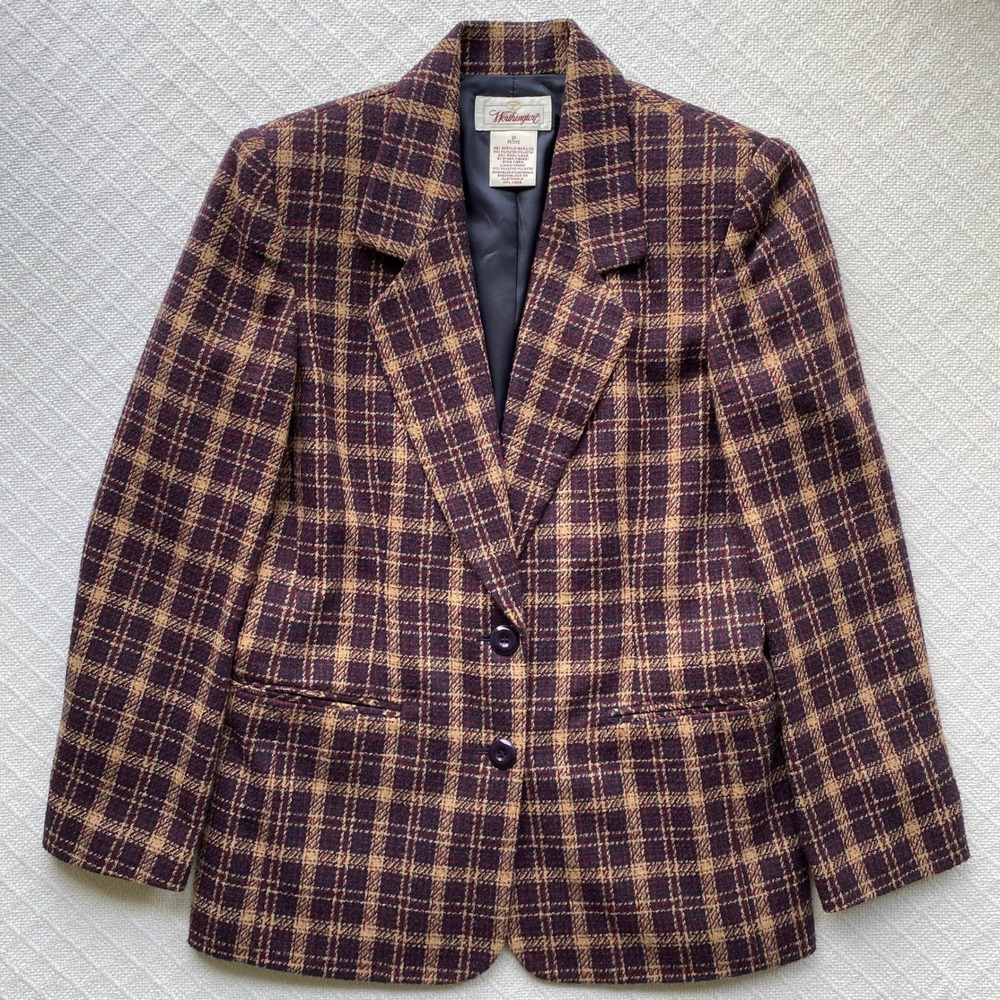 Vintage Worthington Petite Plaid Wool‎ Blend Blazer Jacket Tan Red Navy Check 2P